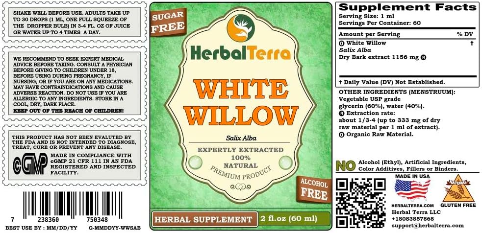 Herbal Terra LLC White Willow (Salix Alba) Glycerite, Organic Dried Bark Alcohol-Free Liquid Extract 2 oz - Image 2