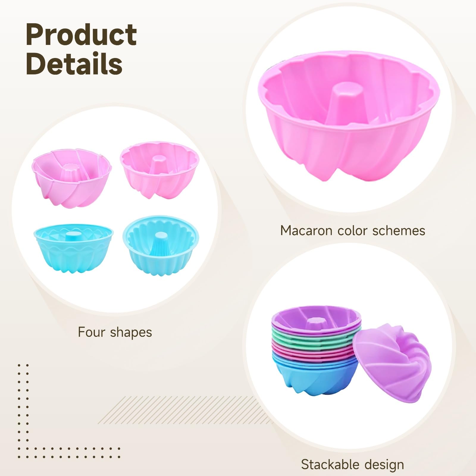 48 pièces moules à pâtisserie en silicone, lot de 4 formes de moules tubulaires cannelés, coupelles anneau antiadhésives, moules à muffins réutilisables, couleurs pastel, env. 3,8 x 7,8 cm