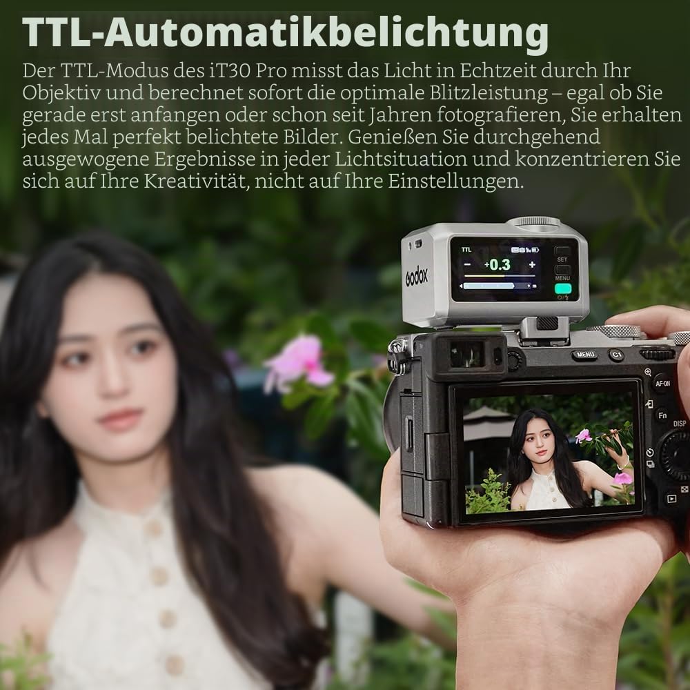 Godox iT30 Pro F iT30Pro-F Mini-Blitz für Fuji-Kamera, TTL-Autobelichtung, HSS 1/8000 Sekunden, 2,4 G Wireless Xsystem, 7,1 cm Touchscreen, 900 mAh Lithium-Akku (schwarz)