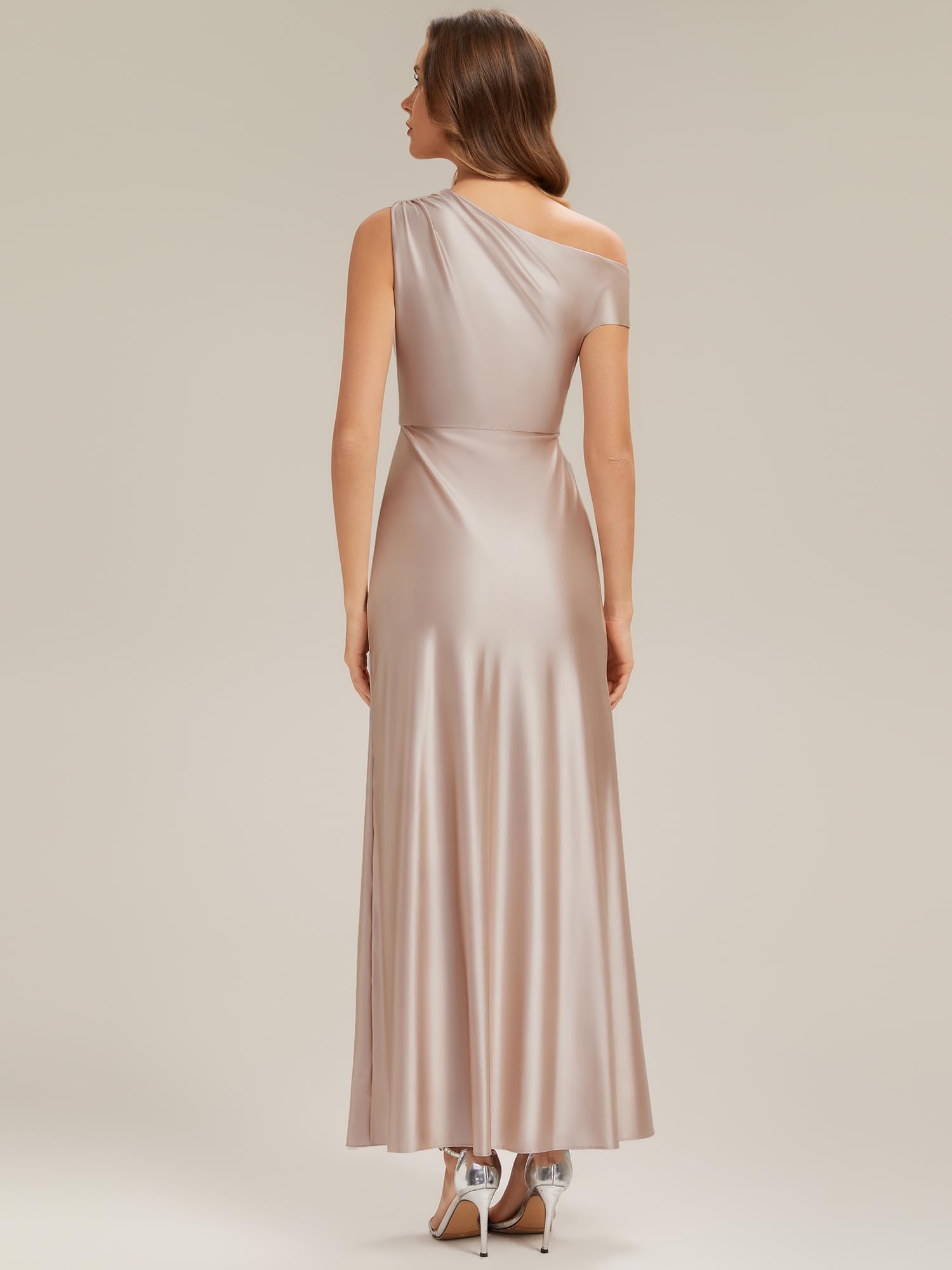 Ever-Pretty Abiti da Damigella Collo Asimmetrico Maniche Corte Satin Maxi Linea Dritta ES02670