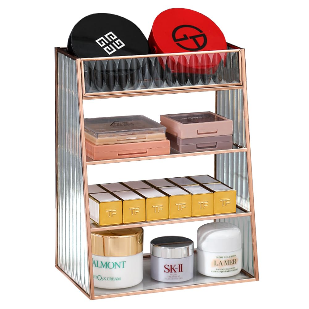 4Layer-Glass Bathroom Organizer Countertop, Quality Vanity Trays for Bathroom Counter, Glass Tray Stand for Perfume, Makeup, Skincare Shelf Organizer,Spice Race Organizer for Kitchen (Gold)