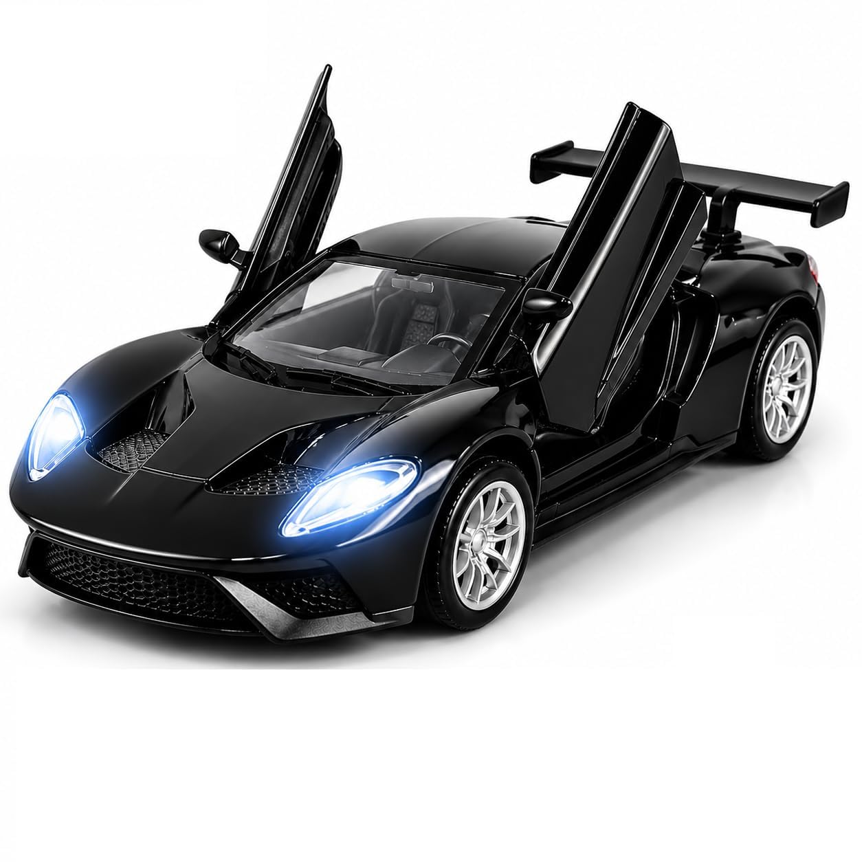 brand conquer 1:36 die cast sports racing car toy for kids, pull back action, openable scissor doors, light & sound, metal body with rear spoiler, collectible car model (black)