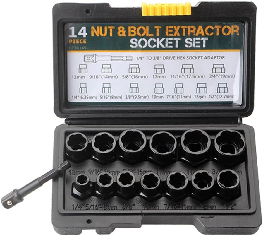 14Pcs/set Bolts & Nut Remover Set Steel Bolts Extractor Tool with Solid Storage Case Damaged Remover Extractor Socket To