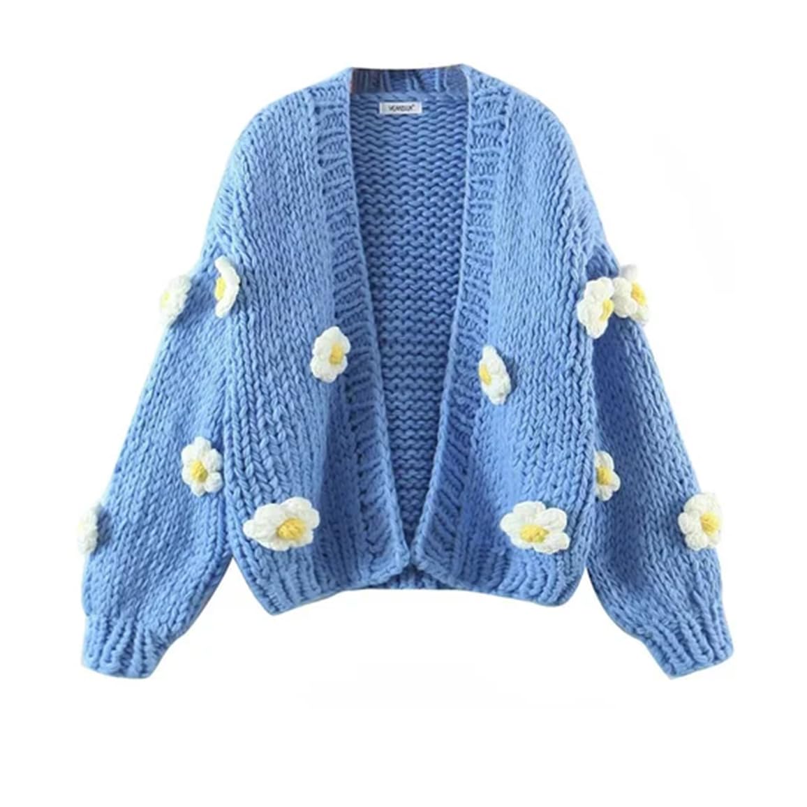 Dninmim Maglione da donna con scollo a V a maniche lunghe, lavorato a mano, stile retrò, lavorato all'uncinetto, con fiori colorati