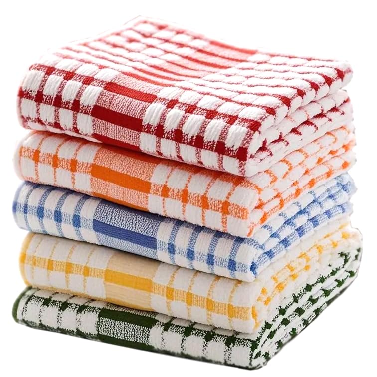 Kitchen Dish Cleaning Cloths Towels, 100% Cotton, 40 x 25 cm, Pack of 5 & 10, Multi Purpose Reusable Towels (5)