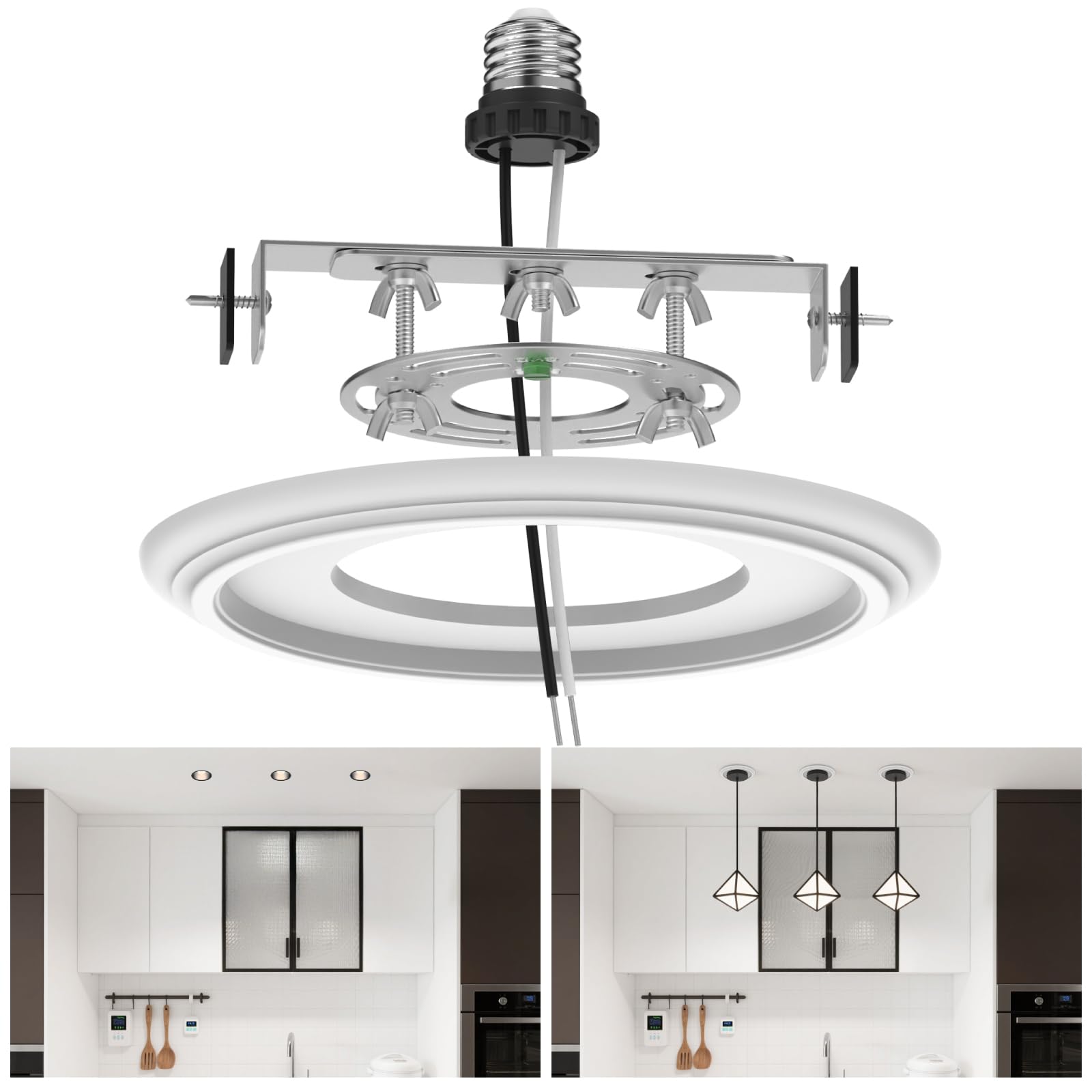 Photo 1 of YIIZON Recessed to Pendant Light Converter Kit - 6 Inch Can Light Conversion, Includes E26 Socket, Mounting Bracket, Round Ceiling Plate & 3D White Cover