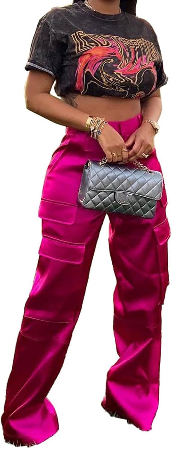 Women Satin Cargo Pants High Waisted Straight Wide Leg Casual Pants Multi Pockets Club Y2k Trousers - Image 4