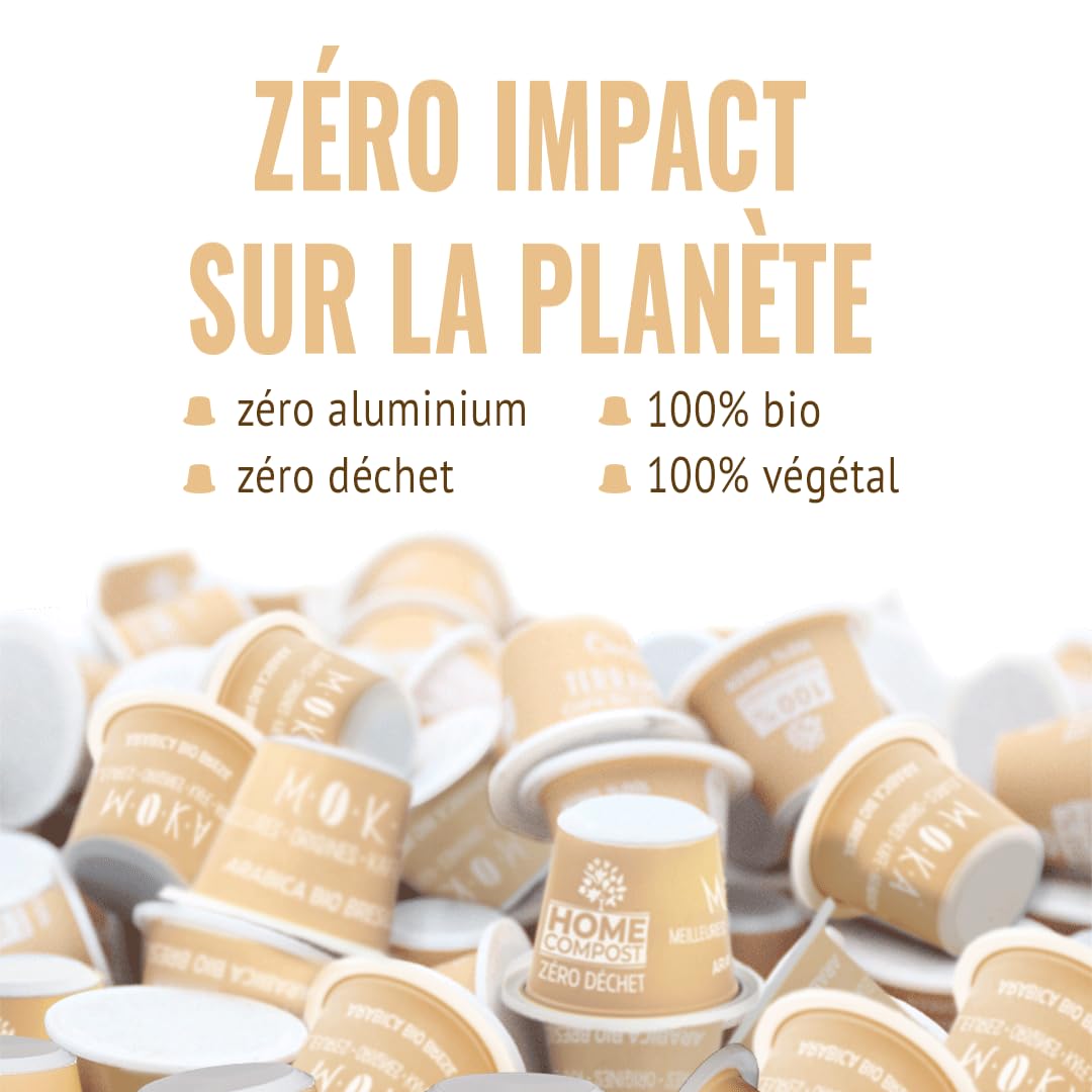 MOKA - 100 Capsules Café Bio d’excellence 100% Pur Arabica du Pérou Bio (10*10) - Délicat et Fruité - Compatibles avec Nespresso - Intensité 6 - Home Compost - Expresso et Lungo - Torréfié en France