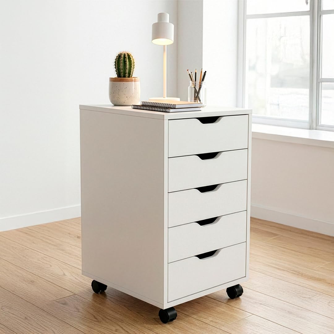 Marctani Cajonera Escritorio Blanca con 5 Cajones y Ruedas, Mueble Archivador Oficina de Madera para debajo de Mesa, Cajonera Pequeña y Estrecha (Fondo 30cm), Mueble Impresora con Ruedas