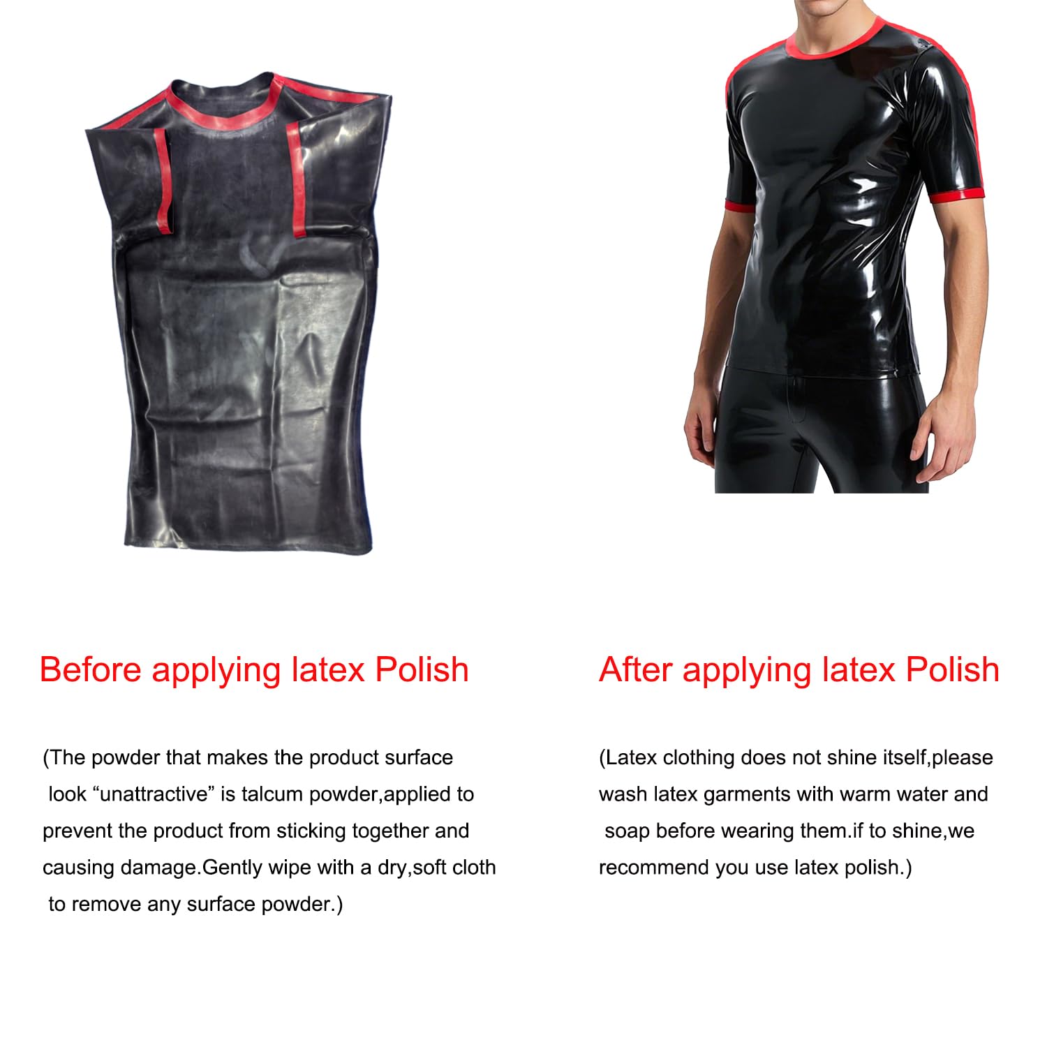 T-Shirt en Latex pour Homme,Haut en Latex à Manches Courtes Noir et Rouge,Vêtements de Fête à Thème Mascarade
