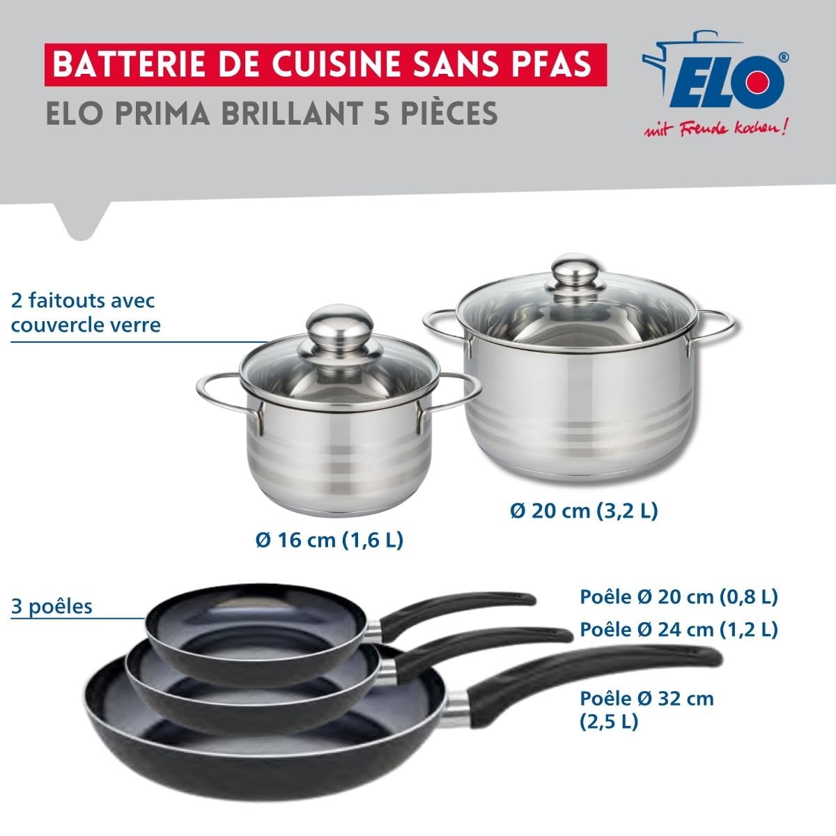 Elo Batterie cuisine 3 poêles 20/24/32 cm et 2 faitouts 16/20 cm