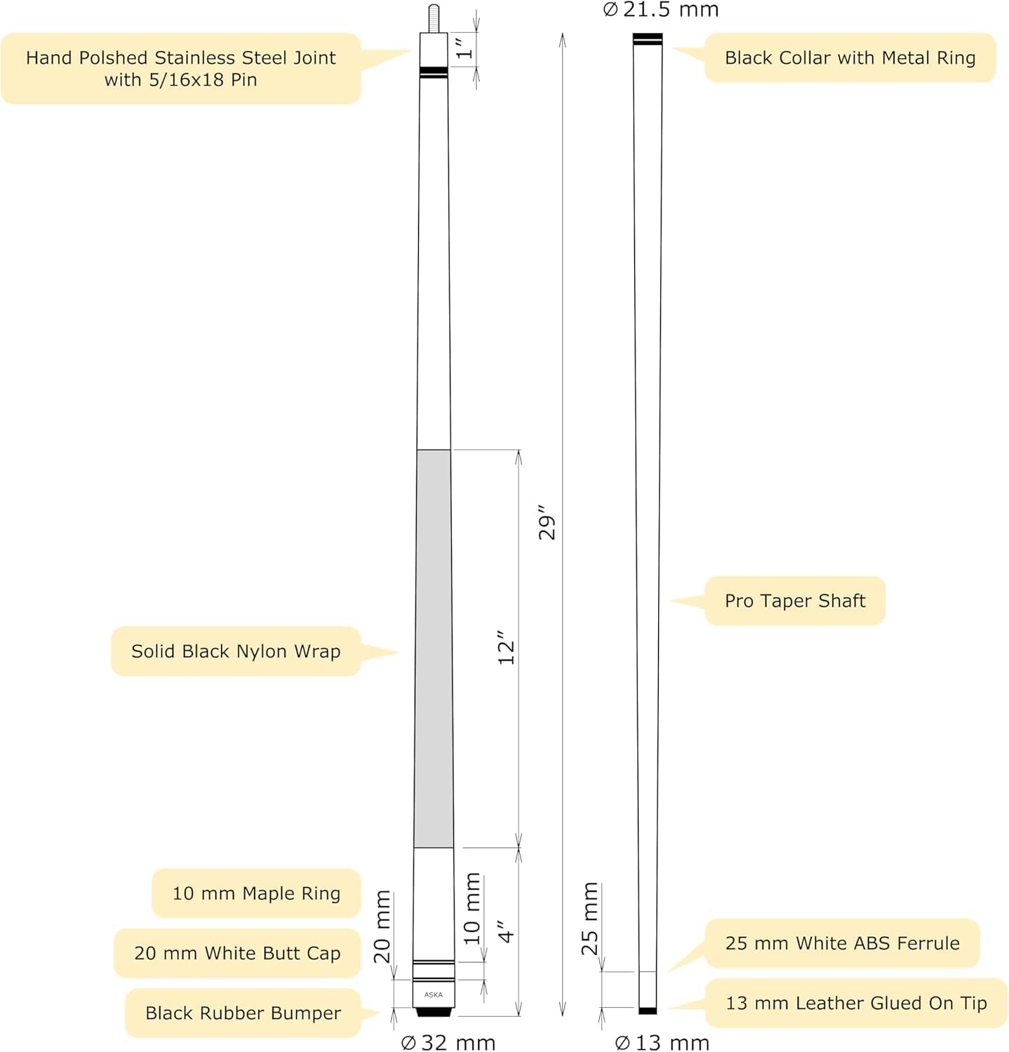 ASKA L2 Pool Cue Stick, 58" Canadian Maple Billiard Cue, 13mm Hard Tip, 5/16x18 Joint, Nylon Wrap, Multiple Weights & Colors
