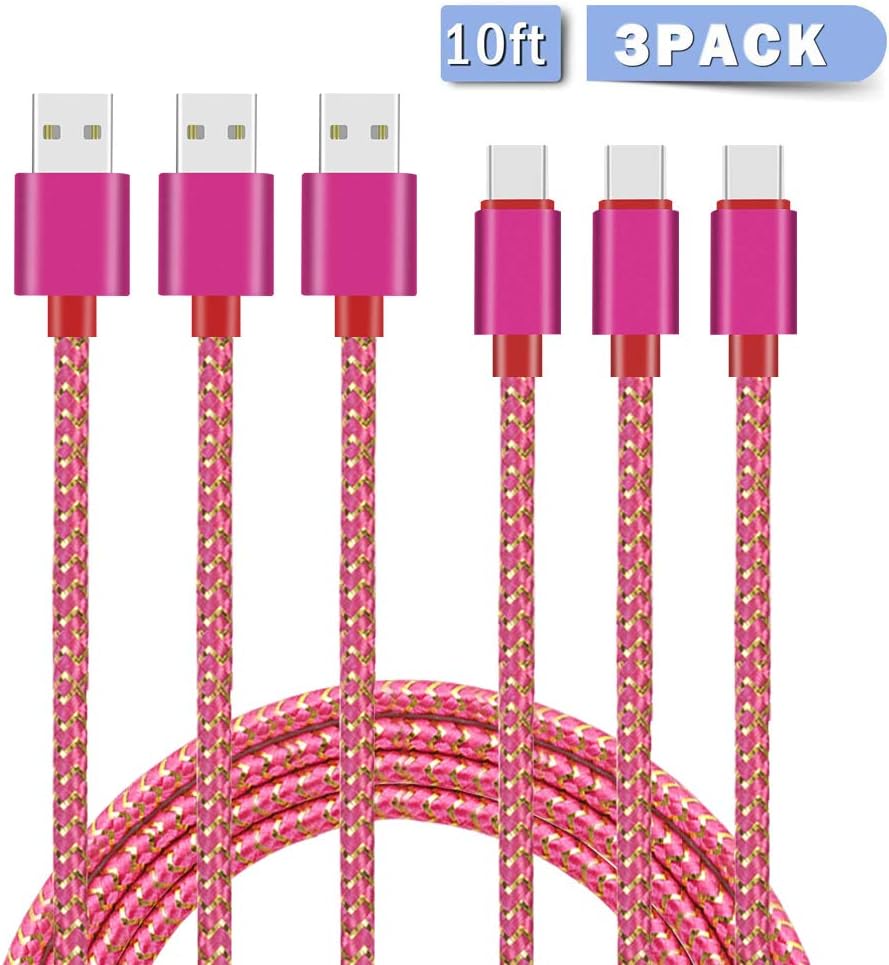 USB Type C Cable, MCUK USB A to USB C Charger (3-Pack 10ft) Nylon Braided Fast Charging Cord Compatible with Nintendo Switch, GoPro Hero 6 5, Apple New MacBook, Samsung Note 9, Galaxy S8/S9 (Hot Pink)
