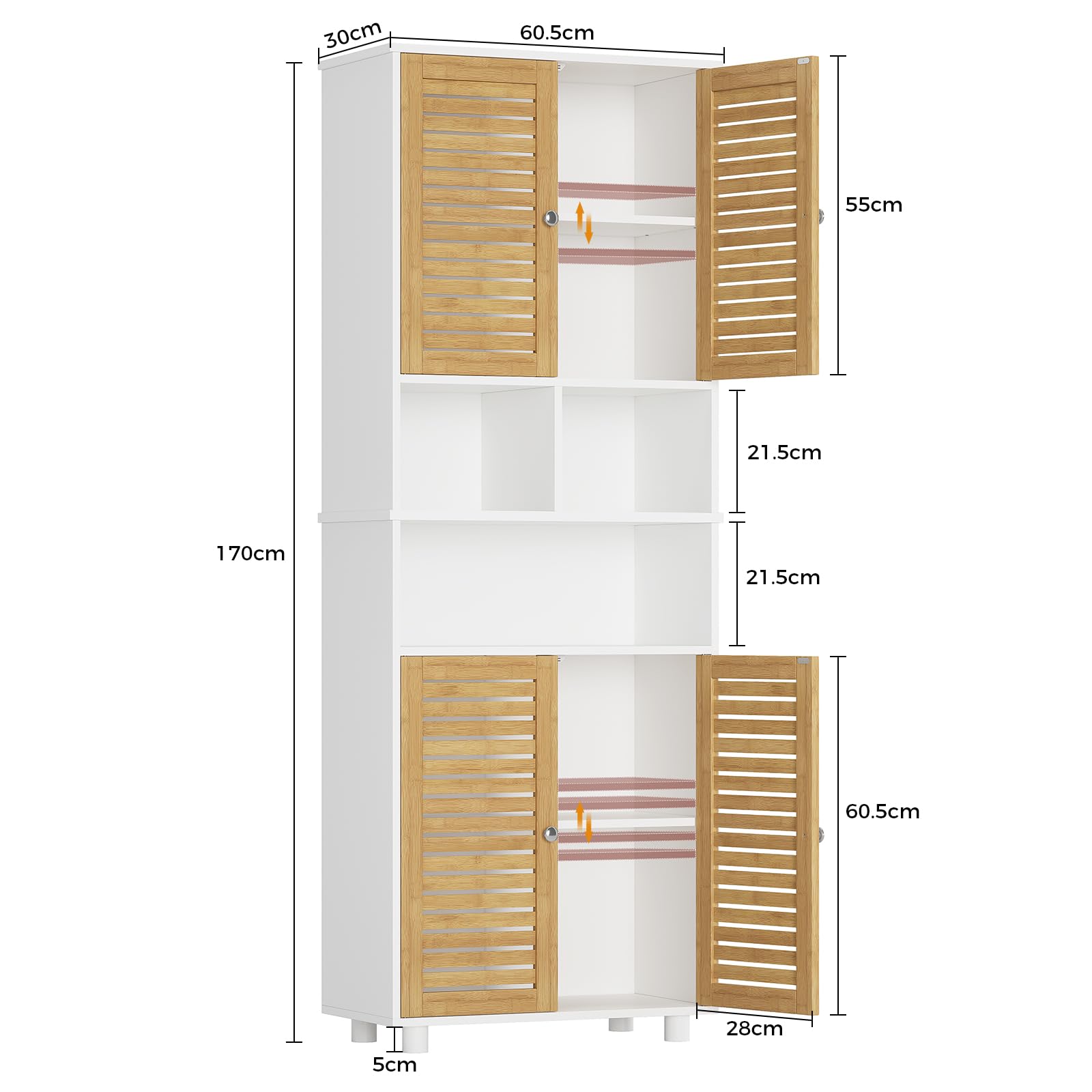 Badezimmerschrank hoch, Badezimmer Hochschrank mit 3 offenen Fächern und verstellbaren Ablagen, Badschrank mit 4 Bambustüren, Bad hochschrank für Wohnzimmer, Küche und Bad, 60 x 30 x 170 cm