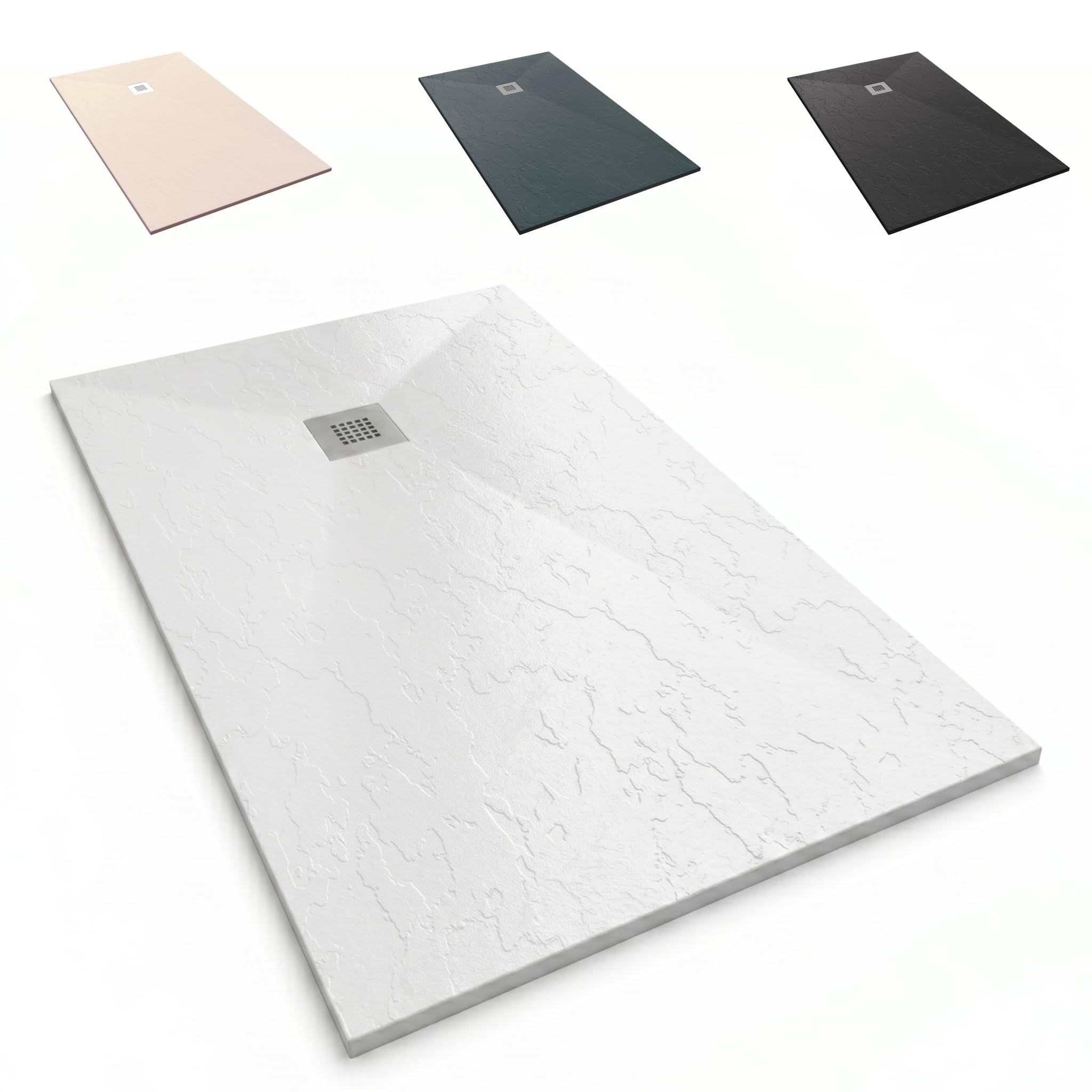 Plato de Ducha de Modelo Roma II – Plato Ducha Resina con Textura Pizarra - Antideslizante y Antibacteriano – Blanco (RAL 9003) 70x180 cm – Incluye Válvula Desagüe y Rejilla