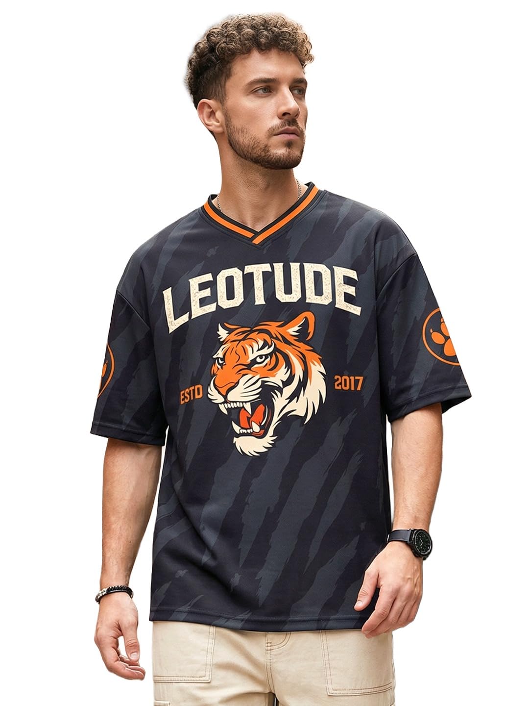 leotude Men’s Tiger Graphic Printed Oversized T-Shirt | Bold Black Sports Jersey Style Tee | Half Sleeve Casual Streetwear for Men's (Color:Black)-picture-38
