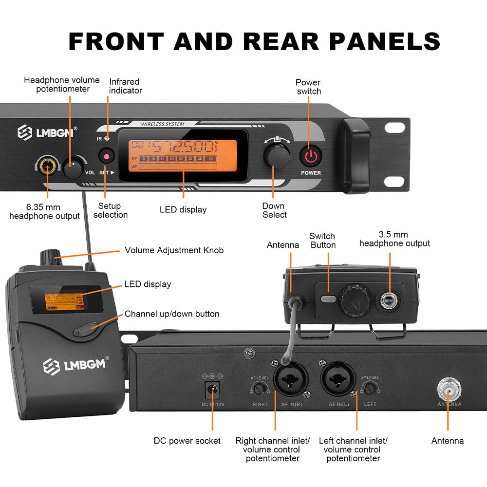 AR2090 Mono UHF Dual Channel Wireless In-Ear Monitoring System Ideal für Aufnahmestudios, Kirchen und Bandaufführungen (2 Kanäle, 4 Bodypack)