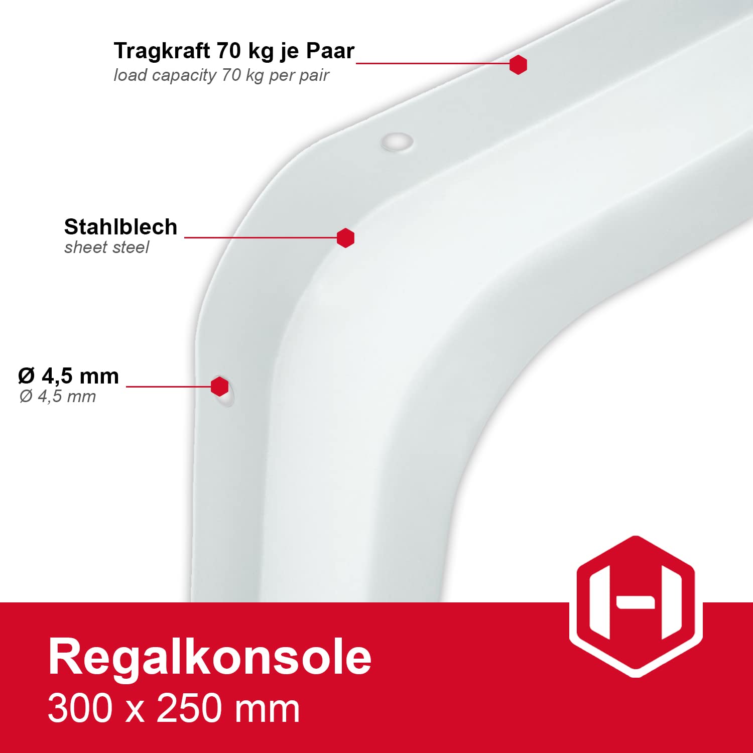 Gedotec Regalträger Metall Regalkonsole 300 mm Stahlblech-Konsole für Wandregale | Regalhalter für die Wand-Montage | 20 Stück - Stahl weiß beschichtet | Winkel-Konsole für Bücher-Regale & Tablare