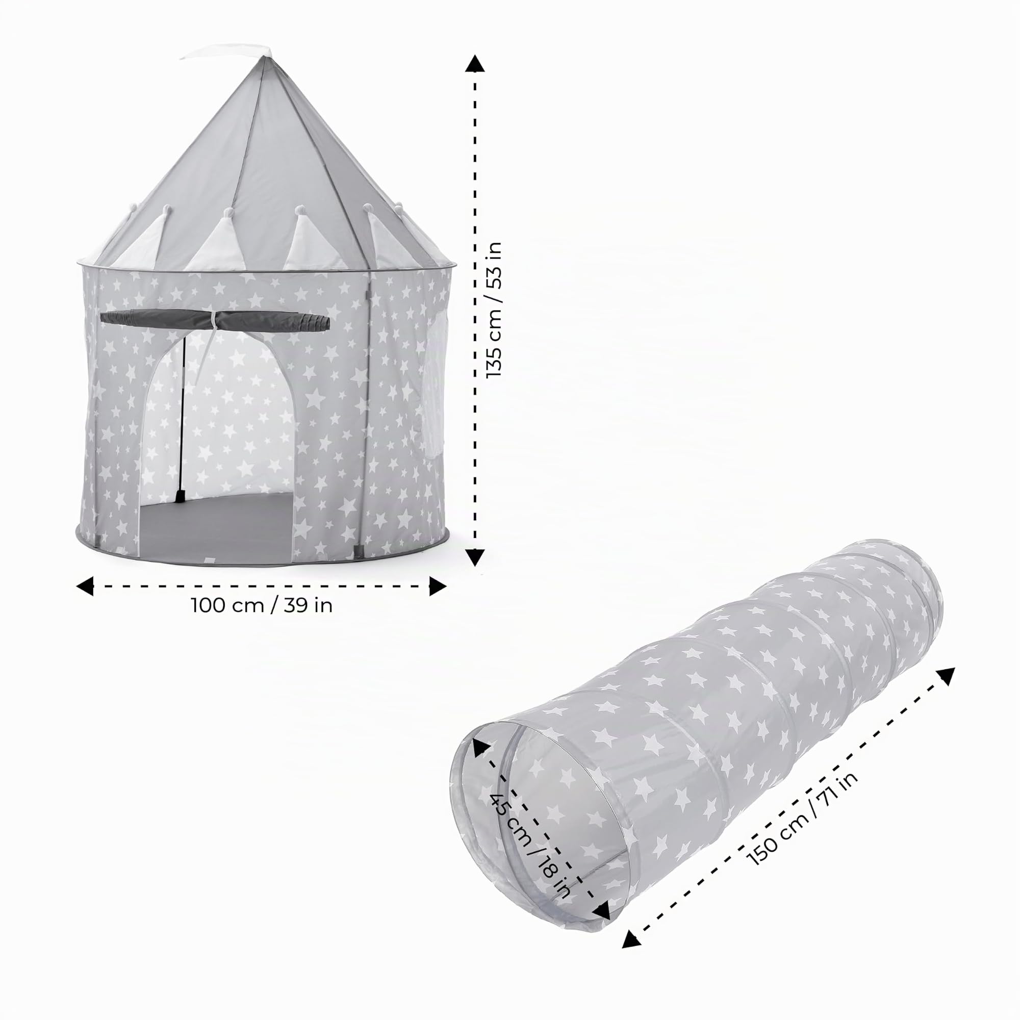 Tenda Pop Up Grigia per Bambini, Tenda da Gioco Grigia con Tunnel, Set Tenda Castello e Tunnel da Gioco 180cm, Tenda da Gioco 135 X 100cm