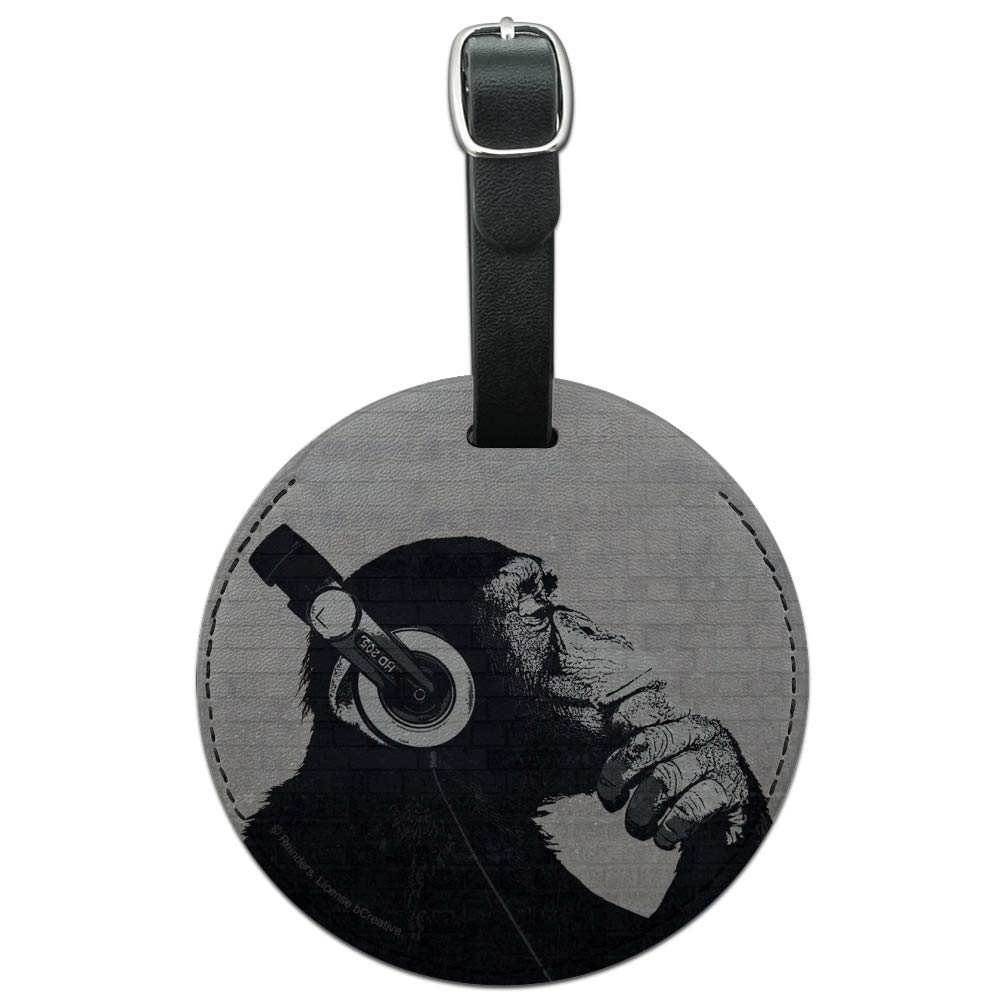 Headphone Chimp Monkey Wall Round Leather Luggage Card Suitcase Carry-On ID Tag