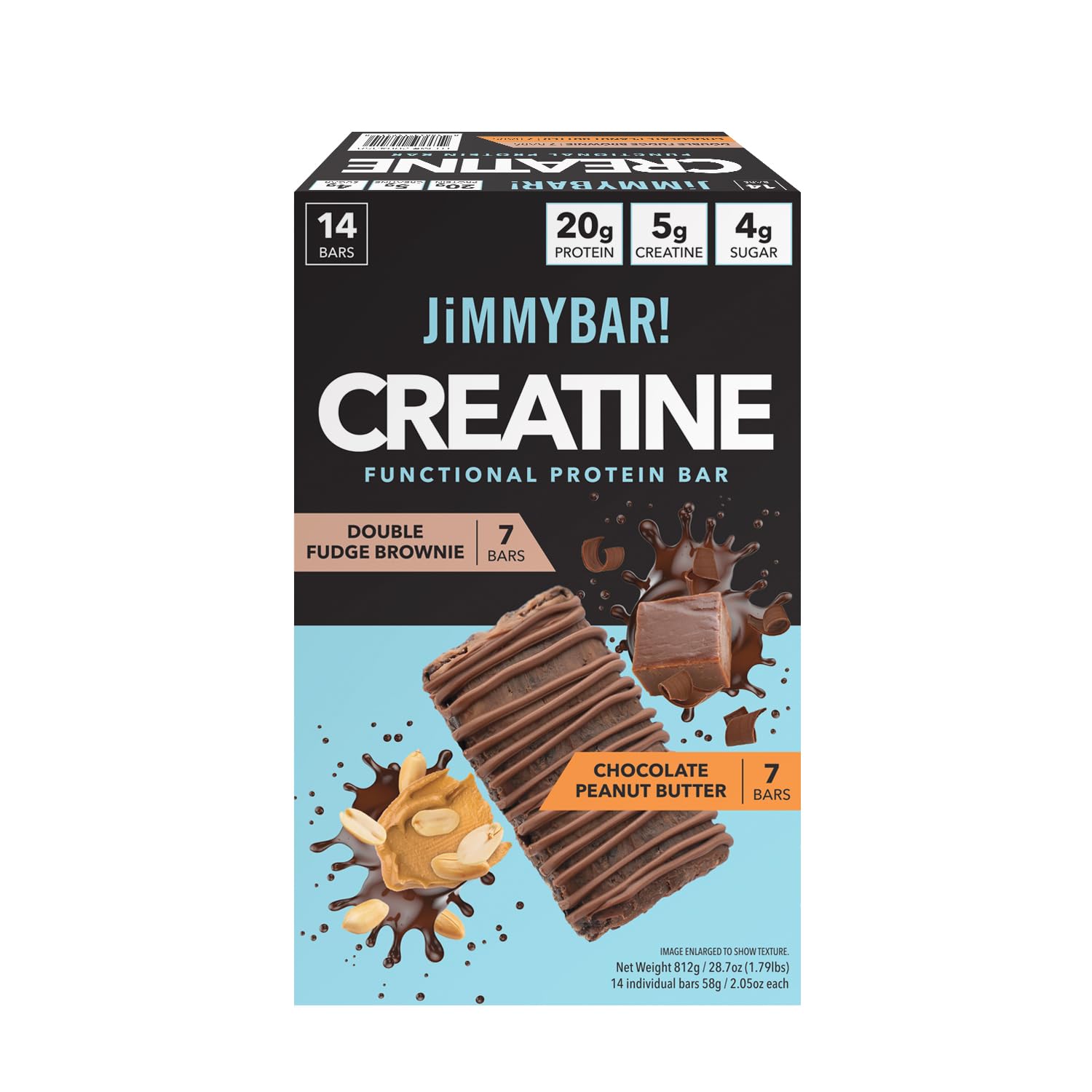 JiMMYBAR! Creatine Protein Bar Variety Pack, Chocolate Peanut Butter & Fudge Brownie, 20g Protein, 5g Creatine Per Bar, Ready-to-Eat Snack Food Bar, 14 Bars