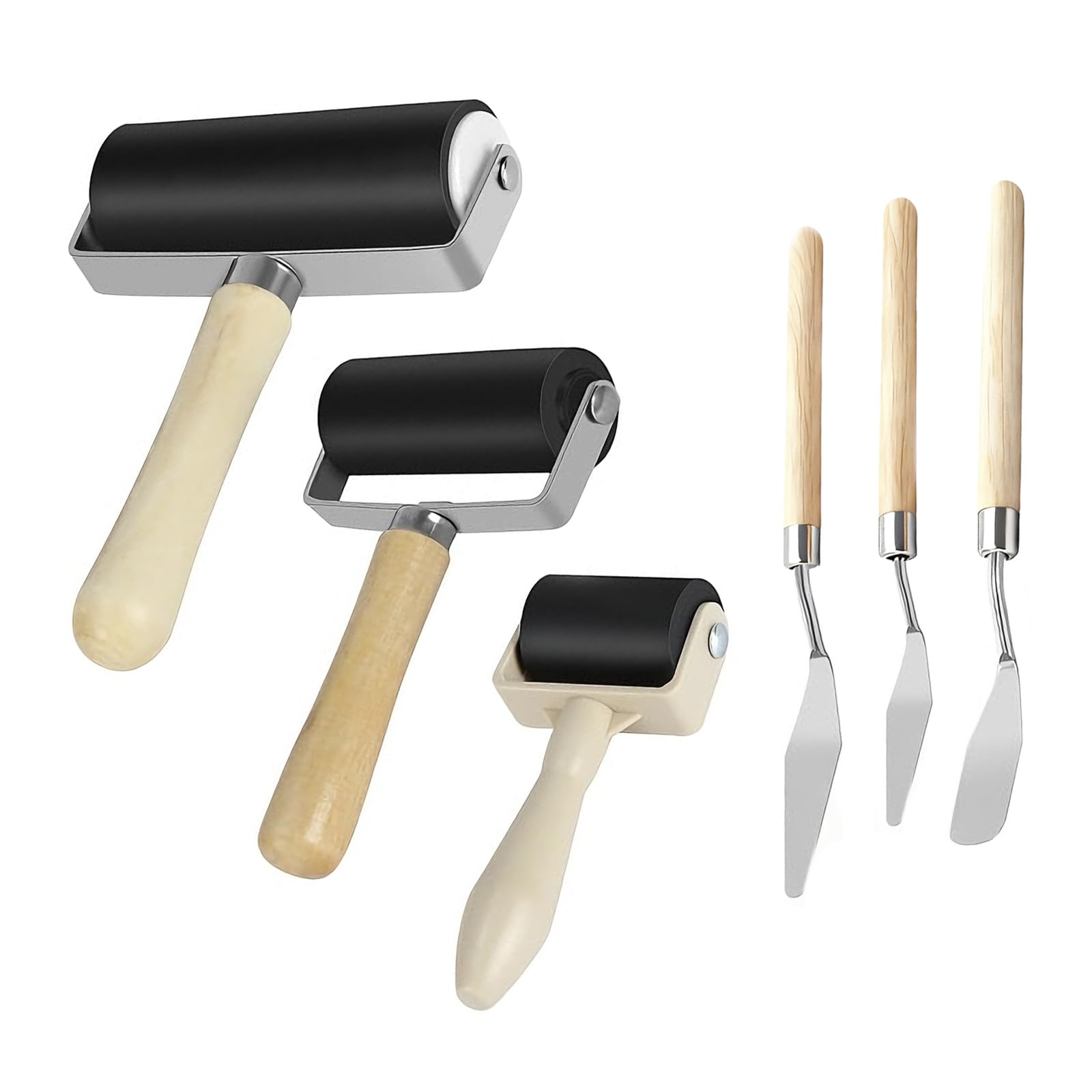 6 Pcs Brayer Roller for Crafts, 3 Sizes of Rubber Brayer Rollers and 3 Different Scraper for Printmaking Brayer Tool Paint Brush Ink Applicator Art Craft Oil Painting Tool