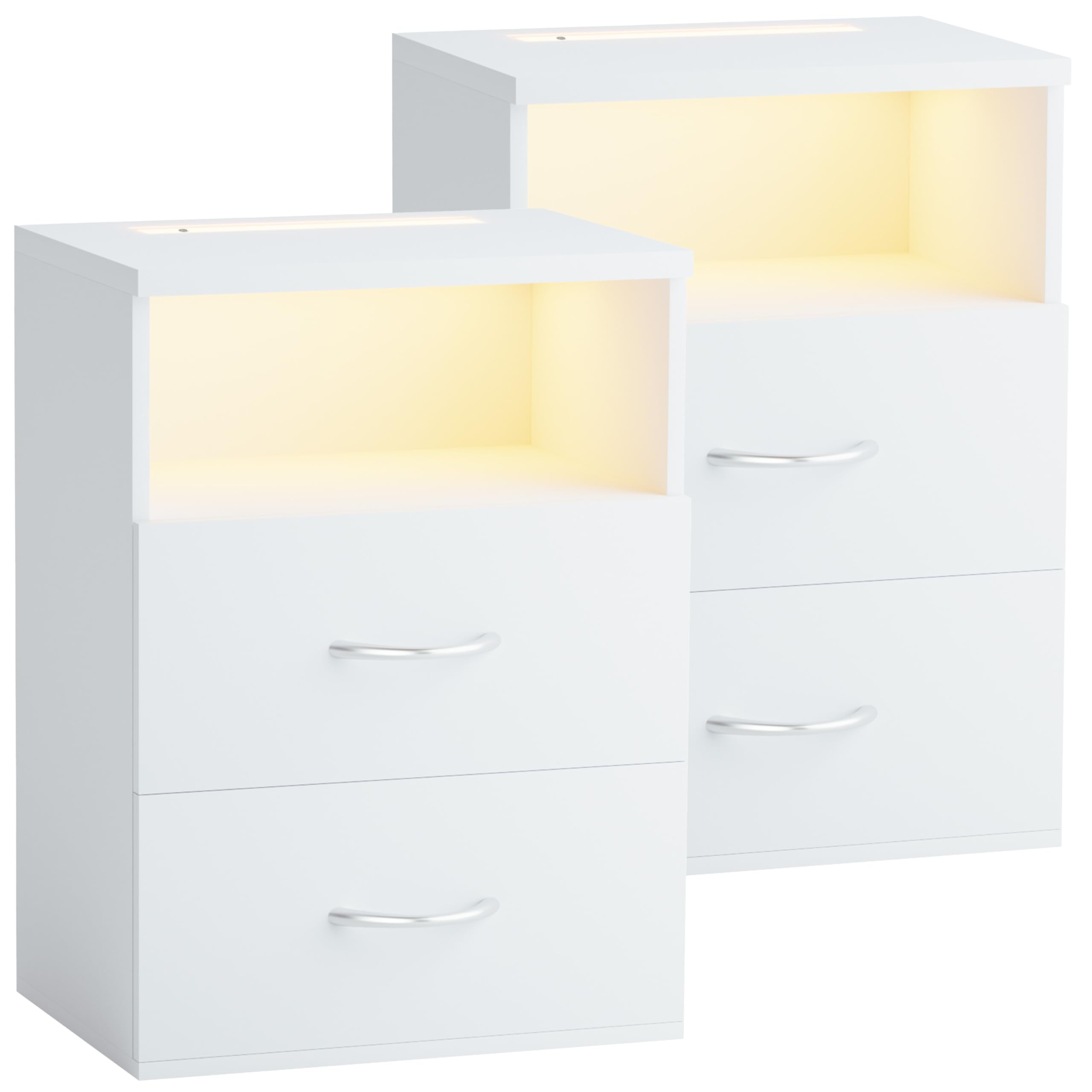 Casaria® Nachttisch 2er Set Touch LED Beleuchtung 40x28x55cm Holz 2 Schubladen Boxspringbett Schlafzimmer Wohnzimmer Beistelltisch Nachtschrank Weiß