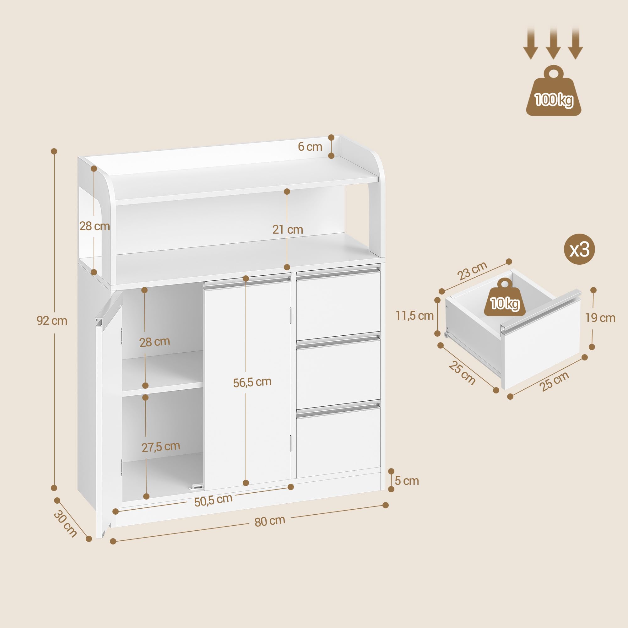 Hzuaneri Mobile Bagno, 2 Anta, 3 cajones, Ripiani Regolabili, Grande Capacità di Stoccaggio, Moderno, per Soggiorno o Bagno, Dimensioni, 30 x 80 x 92 cm, Bianco 5280003X