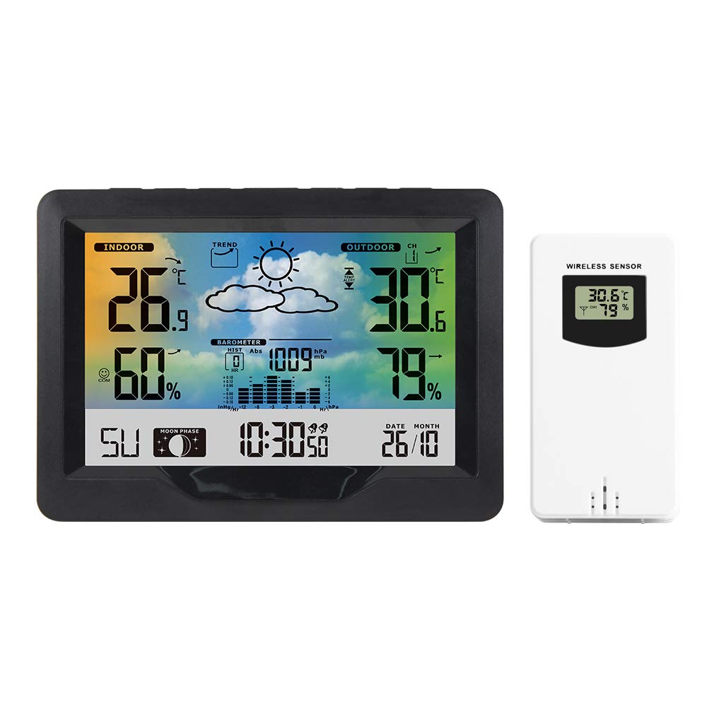 GenericWireless Weather Station Indoor Outdoor Color Screen Weather Forecast Station with Outdoor Sensor Digital Temperature and Humidity Gauge with Alarm Clock Moon Phase Backlight Sooze Mode