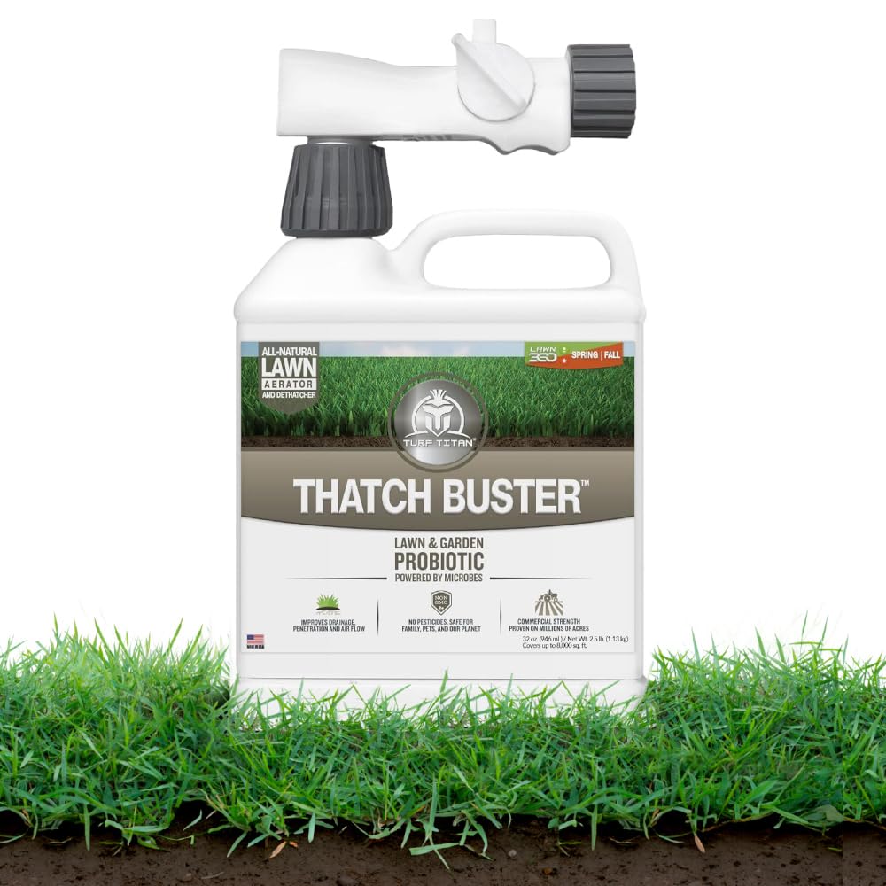 Turf Titan Thatch Buster Lawn Aerator & Grass Dethatcher (32 oz) – All-Natural Hose End Liquid Soil Loosener & Conditioner for Green Grass – Healthy Soil in 45 Days – Covers Up to 8,000 Sq Ft