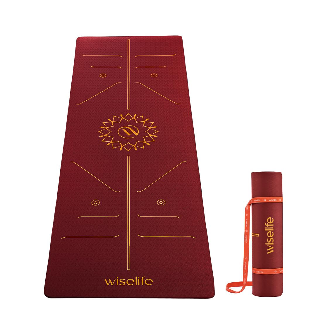 WiseLife TRUE Body Lotus Alignment Yoga Mat + Sleek Yoga Strap for Men & Women | Non-Slip, Extra Wide TPE Exercise Mat for Home, Pilates, Gym & Fitness (Wine 10mm)-image-48