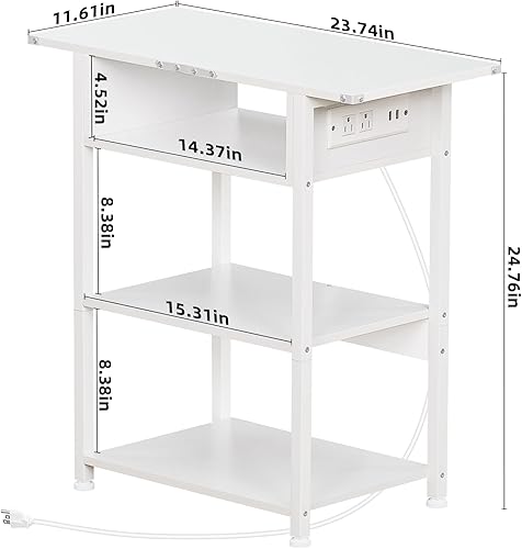Miniatura 3 de Lerliuo Mesa auxiliar con estación de carga, mesa auxiliar estrecha con puertos USB y tomas, mesita de noche blanca delgada con estante de