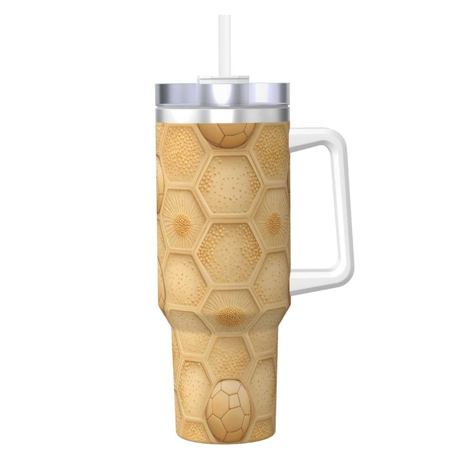 Vaso aislado de 40 onzas Golden Hexagon con asa y pajilla para café