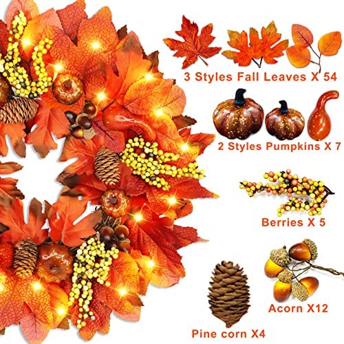 Prelit Fall Wreath 20 Lights With Timer Front Door Decorations 54 Maple Leaves 7 Pumpkin Pinecone 12 Acorn Berry Stem 17 Inch Battery Operated Fall Thanksgiving Decor Home Indoor Outdoor(Orange Red) #TOP1