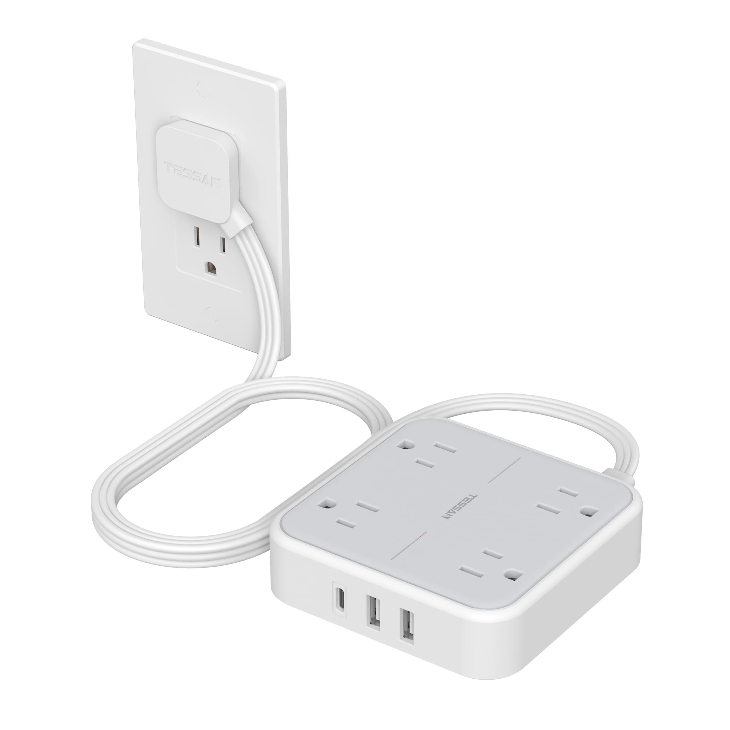 Flat Plug Extension Cord Indoor 5 Feet, Power Bars with Surge Protector, TESSAN Power Strip with 4 Multiple Outlets 3 USB Ports (1 USB C), Surge Protection for Dorm Room Home Office, Gray
