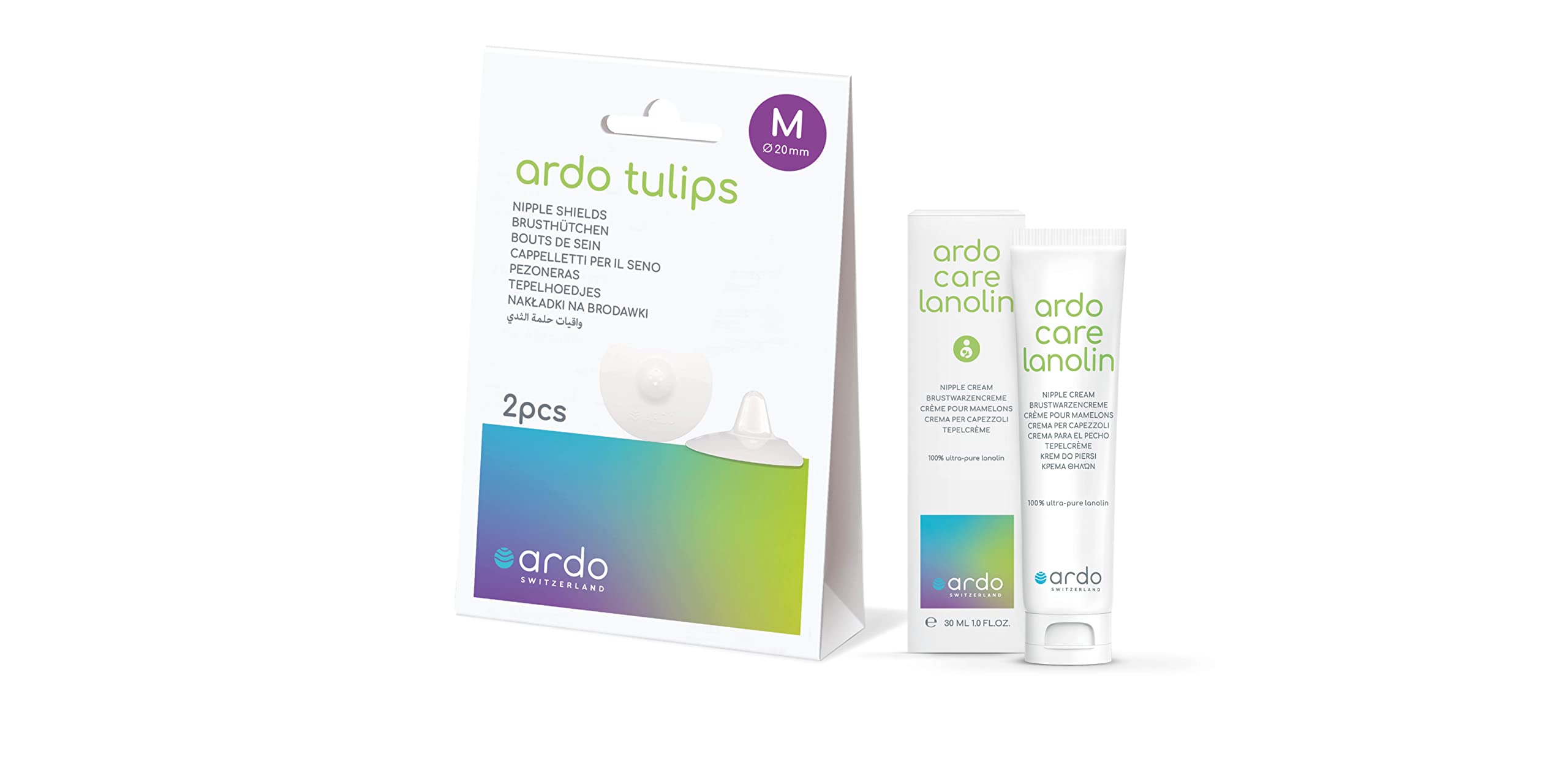 ARDO NIPPLE SHIELD & LANOLIN BUNDLE - Tulips Nipple Shields Medium & Lanolin Nipple Cream 30ml for Breastfeeding. Breast Feeding Nipplecream & Shield Bundle for Nursing. (1 x 30ml Tube & 1 x Pair)