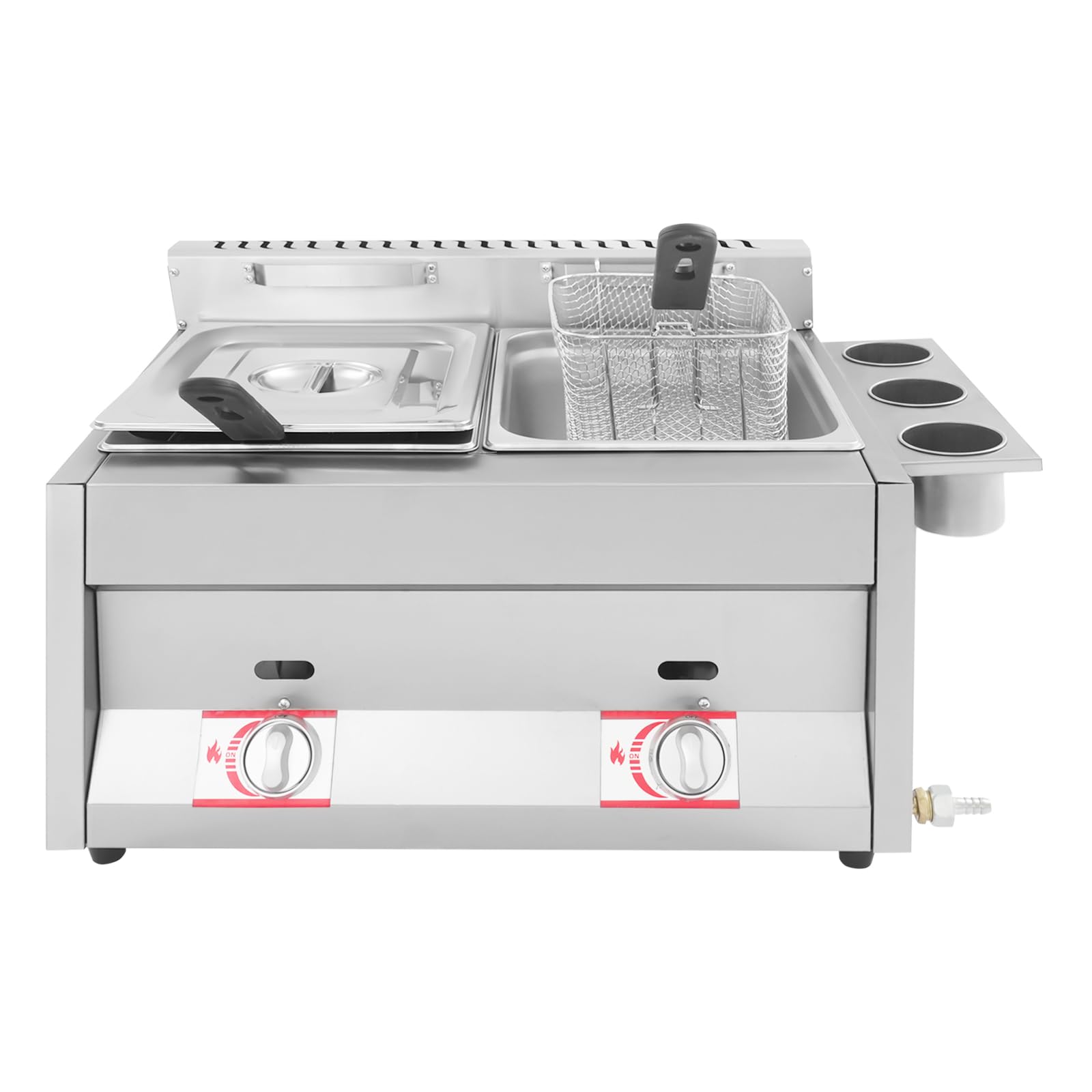 Freidora de gas doble, acero inoxidable, con dos recipientes de 6 L y cesta, rango de temperatura de 50 – 380 °C, freidora de gas con 3 vasos de especias para hogares, restaurantes, bares de comida