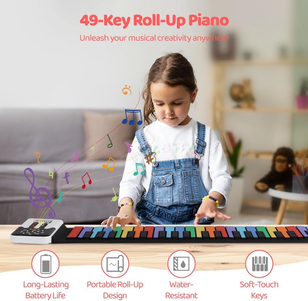 Rechargeable Roll-Up 49-Key Flexible Keyboard, Silicone Digital Piano For Beginners, Foldable Soft Music Pad For Kids & Learners