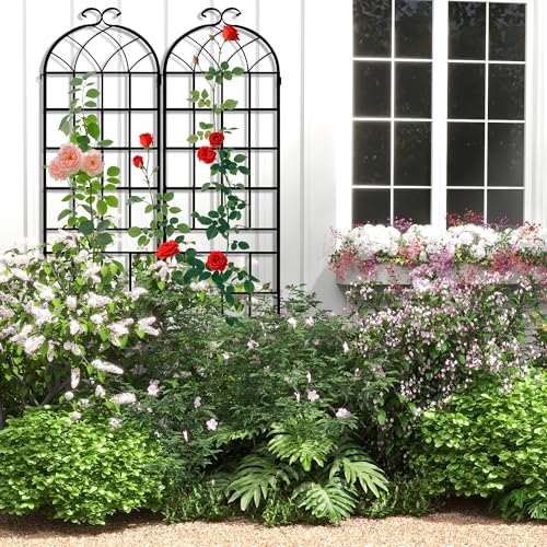 Image of 82.7 x 40in Rustic Iron Arch Decoration Garden Trellis with Black Metal Coating - Perfect for Supporting Climbing Plants Outdoor, Roses, Vines, Flowers, and Vegetables.