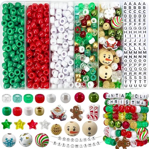 MIIIM 1300 Pcs Christmas Pony Beads Kit for Friendship Bracelet 20 Styles Kandi Bracelet Kit in Box with Individual Compartments Hair Beads for Braids Letters (Christmas)