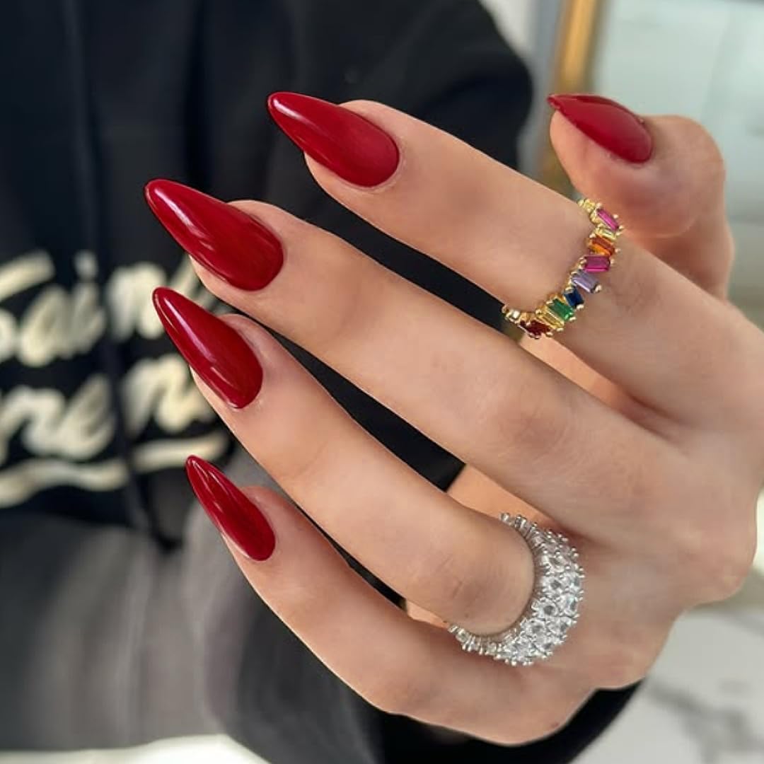 48pcs Wine Red Press-on Nails - Medium Length Almond Shaped, Stiletto False Nails for Women, Thick Natural Acrylic Gel Nails