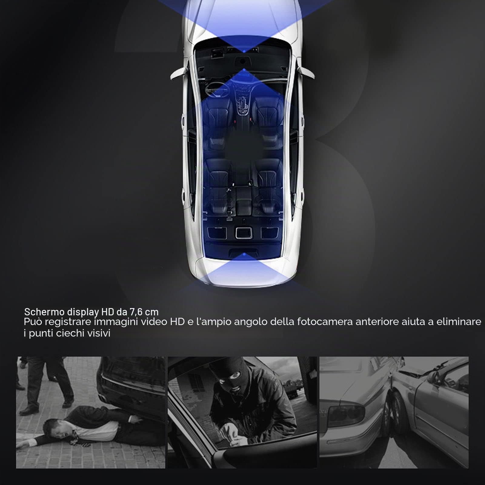 Registratore di Guida Schermo IPS HD da 3 Pollici Rotazione a 360 Gradi Anteriore Posteriore Doppio Obiettivo Sensore G Visione Notturna Dash Cam per Auto Dash Cam