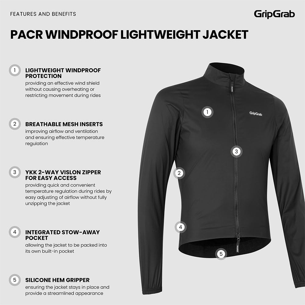 GripGrab PACR Wiatroszczelna, lekka kurtka przeciwwiatrowa, męska, rowerowa, wyścigowa, MTB, z długim rękawem, 2-drożny zamek błyskawiczny