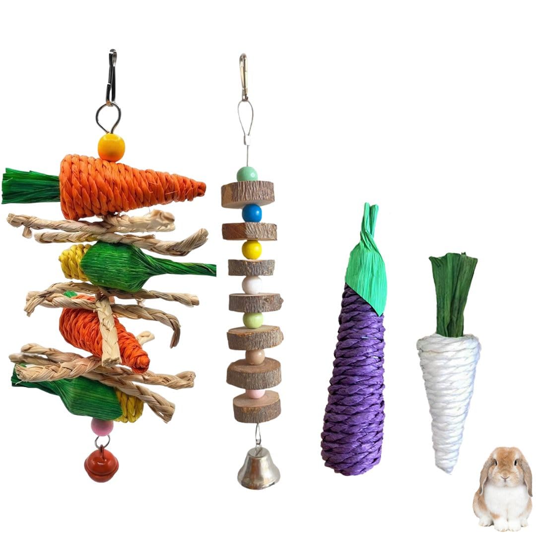 4Pcs Small Animal Chew Toys Apple Wood Carrot Grass Radish Eggplant Set
