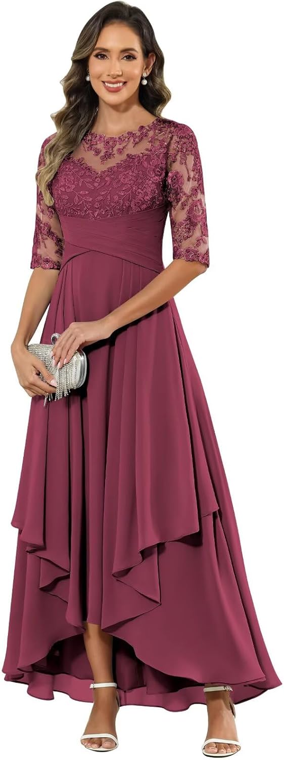 Tea Length Mother of The Bride Dresses for Women 3/4 Sleeve Lace Appliques Pleated Formal Wedding Guest Dresses