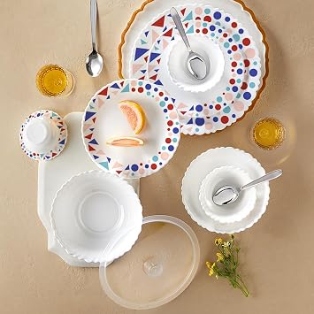 Larah by Borosil Silk Series Speckle Opalware Dinner Set with Steel Spoon | 41 Pcs for Family of 6 | Microwave & Dishwasher Safe | Bone-Ash Free | Crockery Set for Dining & Gifting | Plates & Bowls
