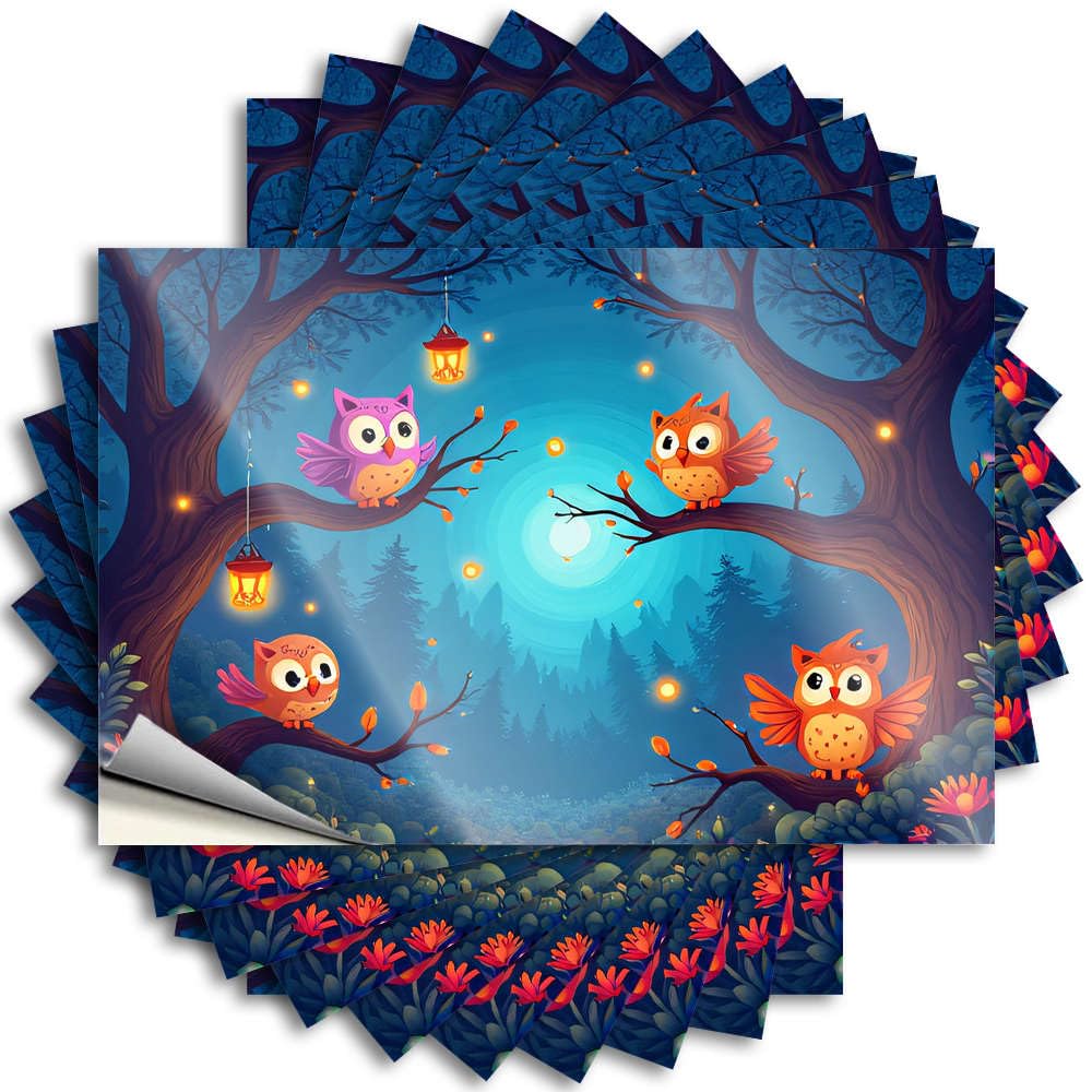 Metal Sticker, Rooms Decorations Case Four Colorful Owls Sit On Branches in A Magical Forest | Funny Quote Coffee Decals(6X9CM)