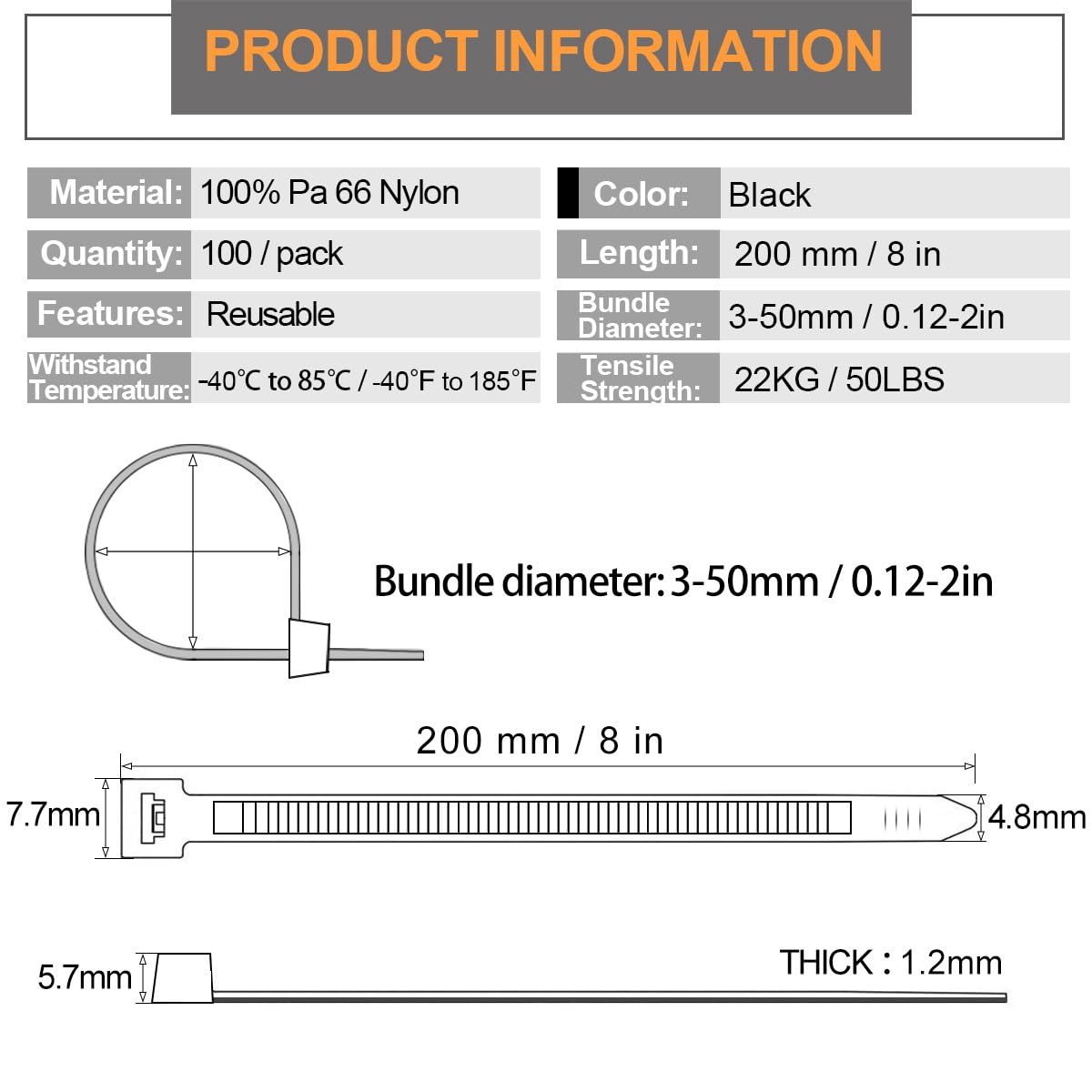 MgcTolBox Black Reusable Cable Ties 200mm X 4.8mm Nylon PA66 Material Self Locking Zip Ties for Home Office, Outdoor - 100 Pack - Image 2
