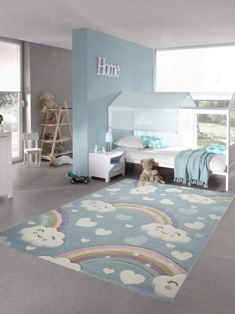 Teppich-Traum Tappeto per Bambini in Camera Arcobaleno con Nuvole e Cuori Blu Größe 120x170 cm