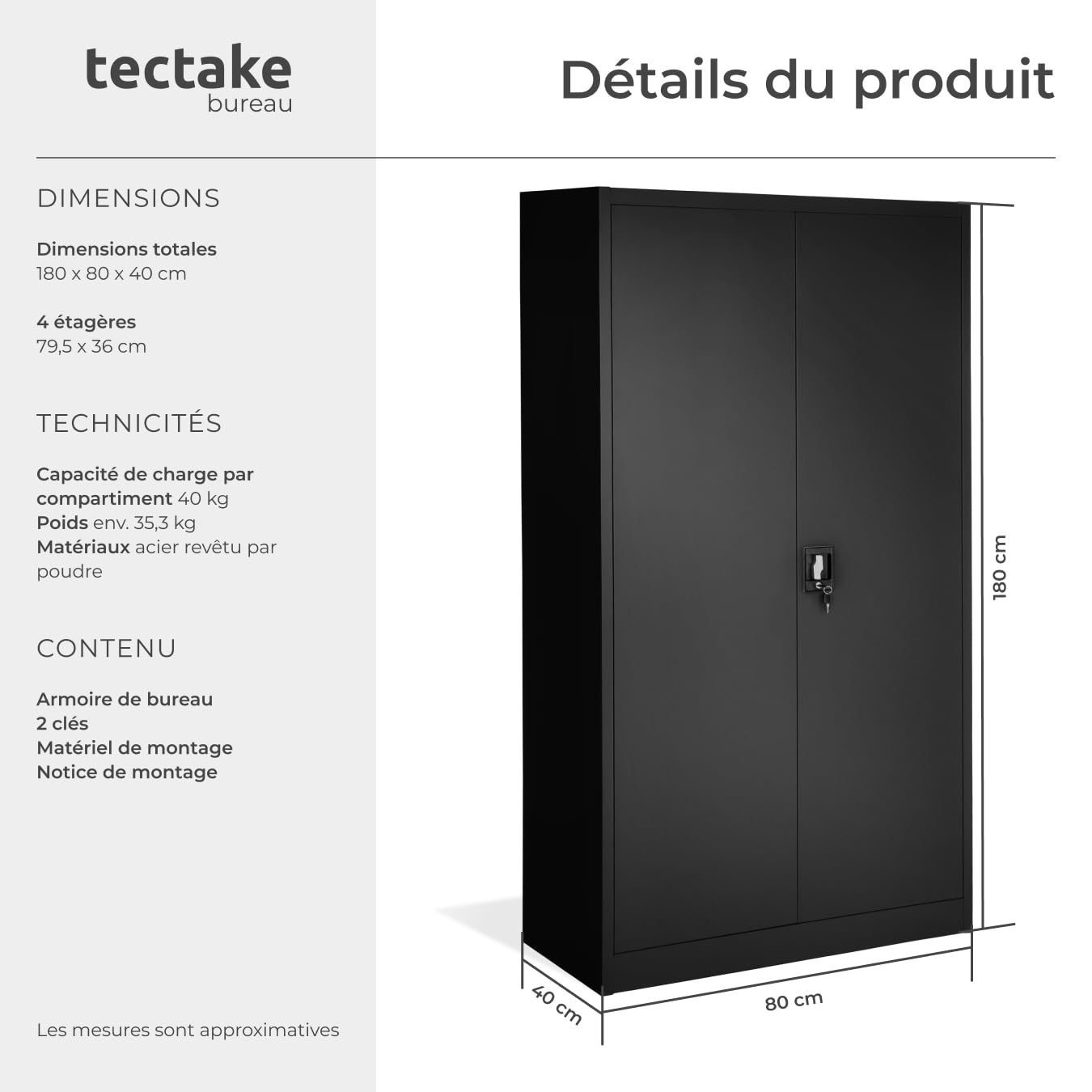 tectake Armoire de Bureau métallique 80 x 40 x 180 cm avec Serrure Rangement Bureau avec 5 Compartiments pour Classeur Rangement Documents Industriel Meuble 2 Portes, 4 Étagères Réglables en Hauteur